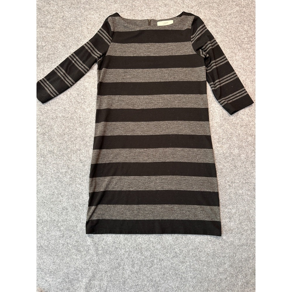 LOFT Tunic Dress‎ Womens Small Charcoal Gray Striped Back Zip 3/4 Sleeve Casual